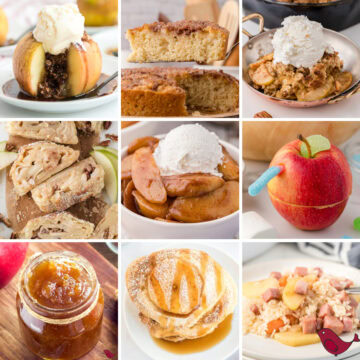 a collage of fall apple recipes including apple desserts, apple crisp, apple snacks, and apple breakfasts