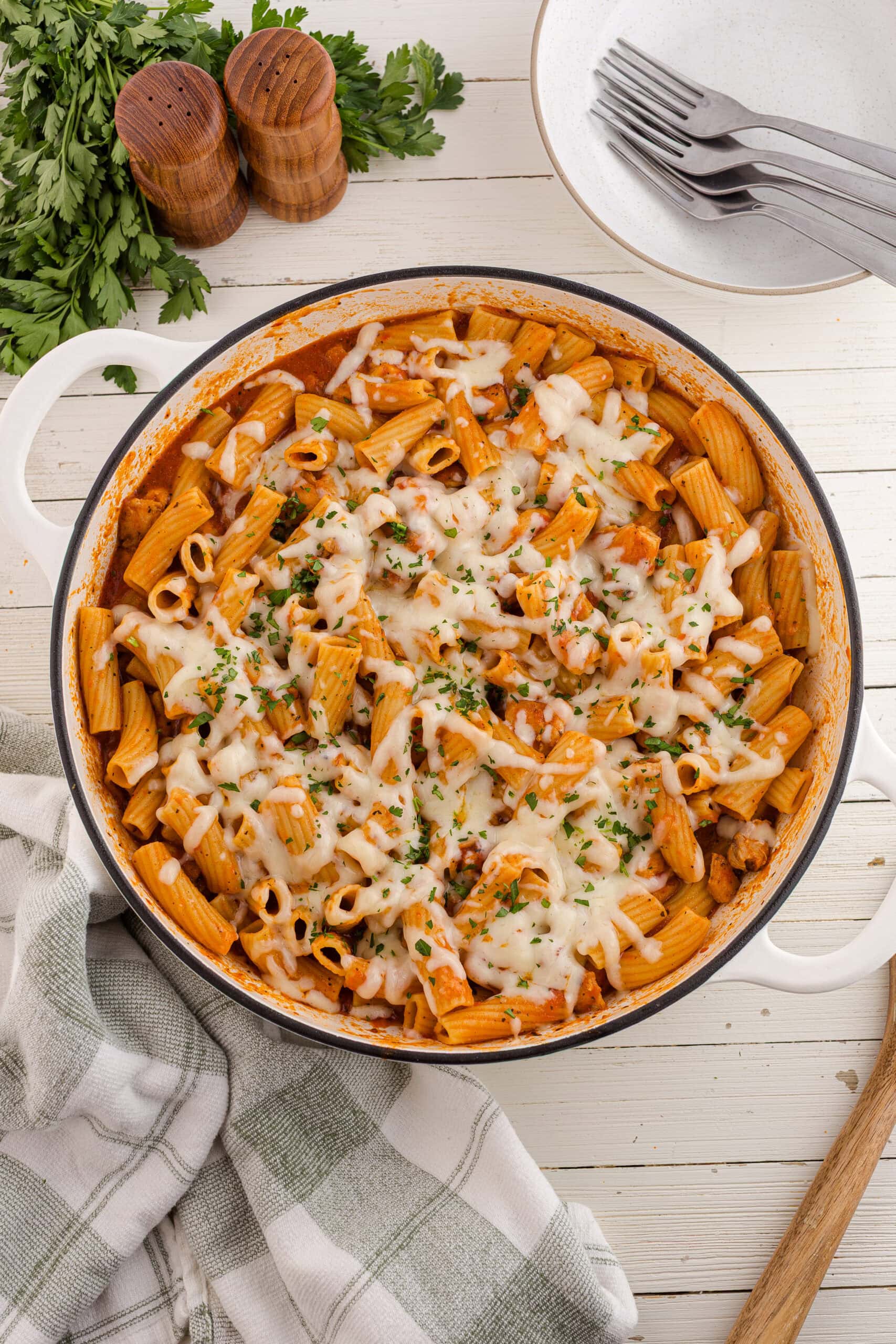 one pot chicken parmesan pasta after cooking in the pot