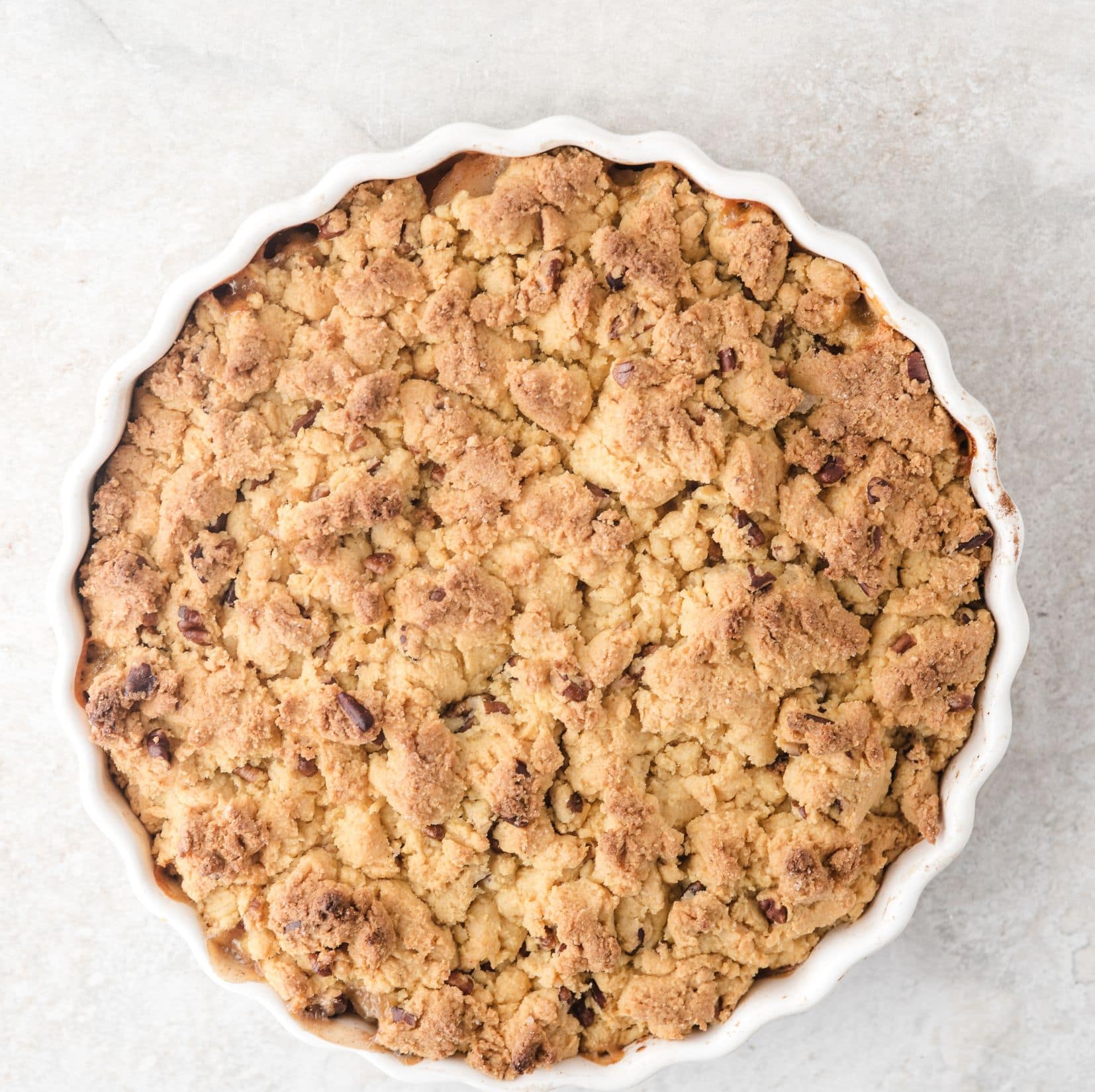 Pear Crisp with fresh pears is baked, golden and warm. Ready to be served and plated