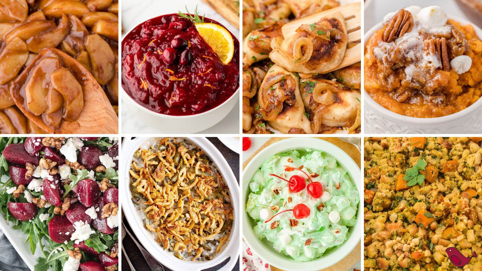 a collage of easy Thanksgiving side dishes including sweet potato casserole, roasted vegetable stuffing, pistachio fluff salad, green bean casserole, roasted beet salad, fried apples, cranberry orange sauce, and pierogies with onions