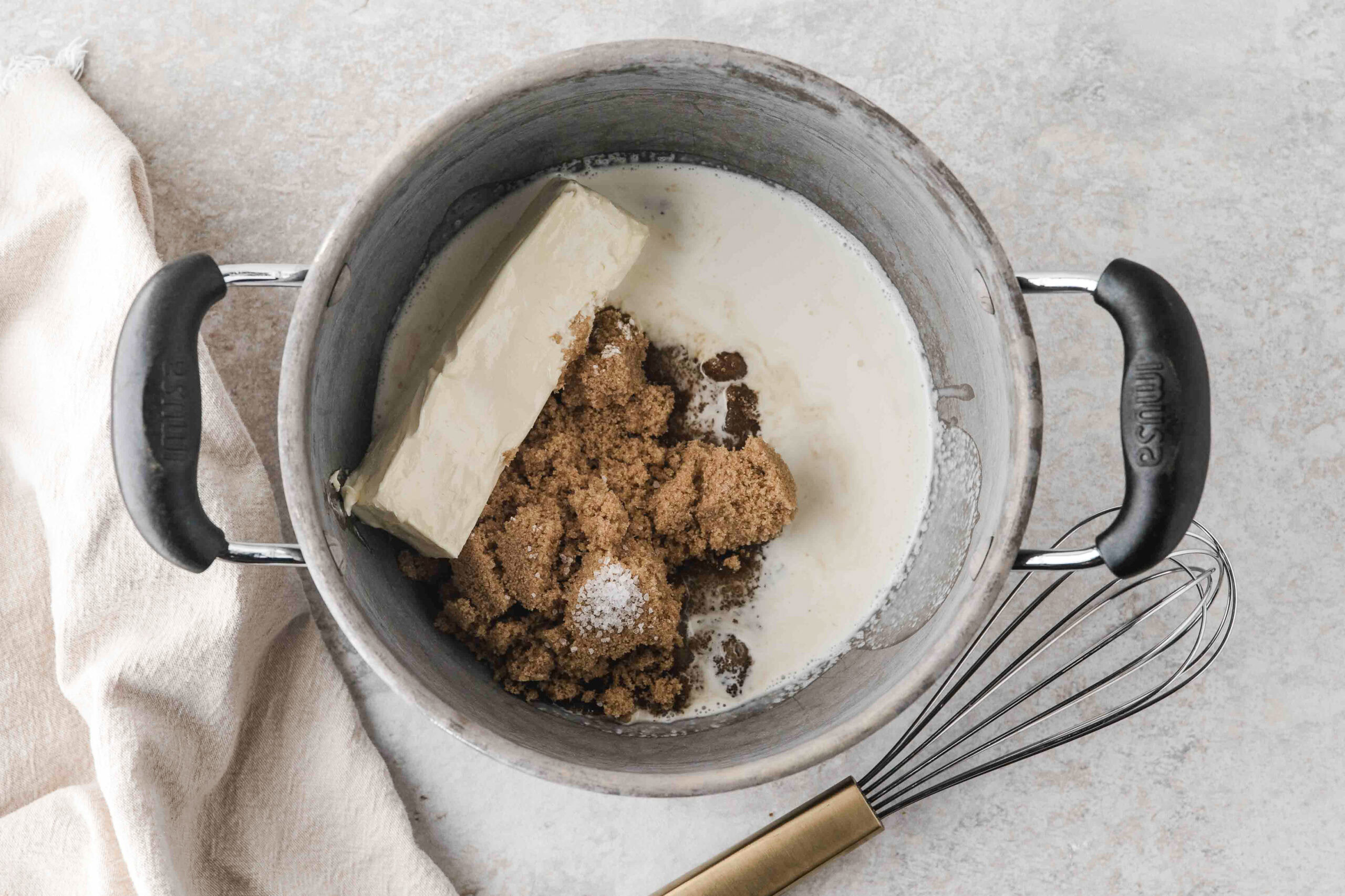 in a saucepan, brown sugar, butter and salt on medium low heat to create the caramel sauce