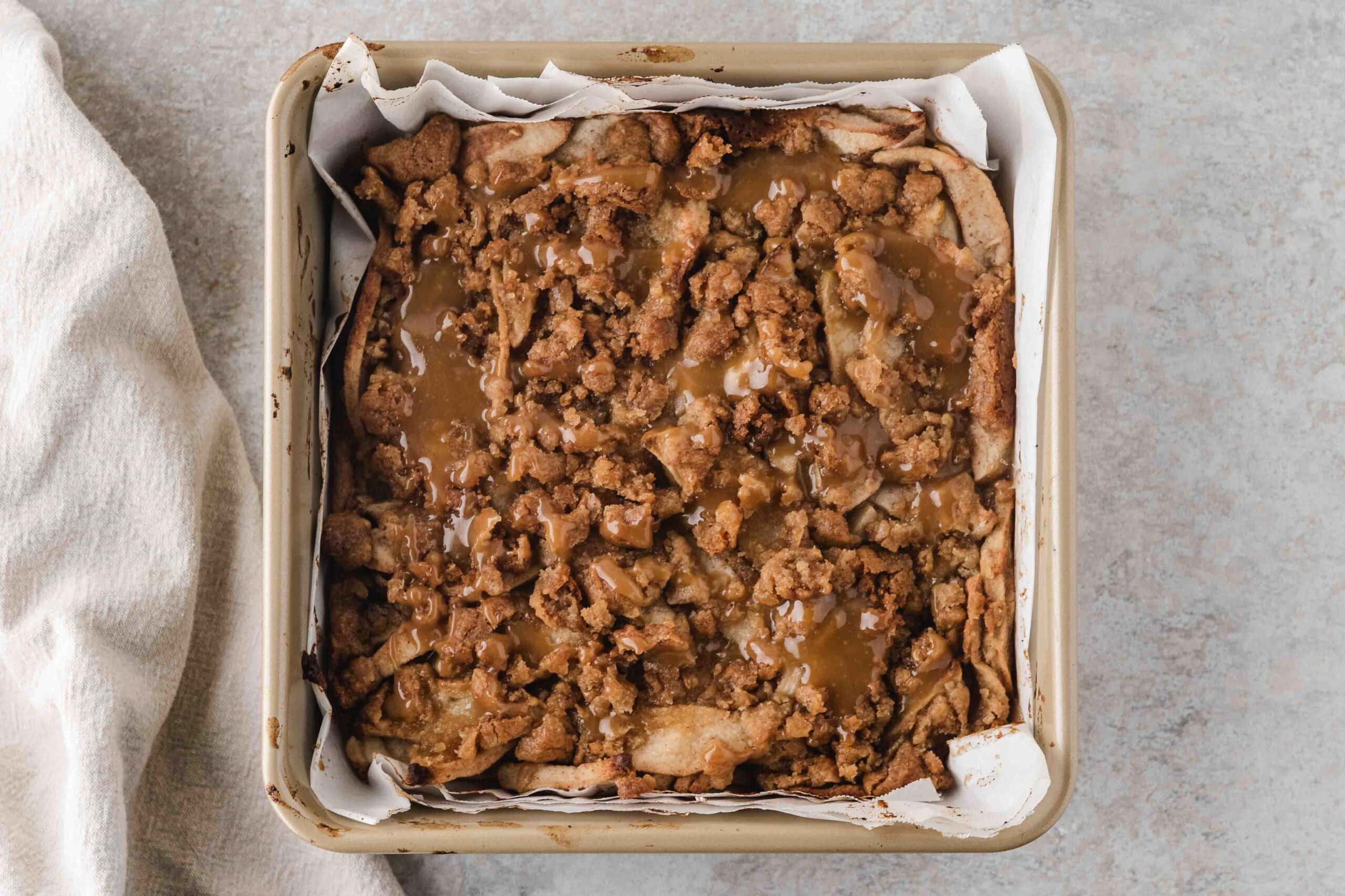 Apple Crisp Shortbread Bars all baked and drizzled with caramel sauce
