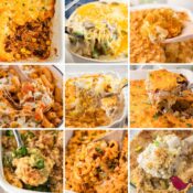 a collage of 9 easy chicken casserole recipes for dinner including hashbrown casserole, enchilada casserole, chicken parmesan casserole, buffalo chicken casserole, chicken and rice casserole, and chicken pasta casserole
