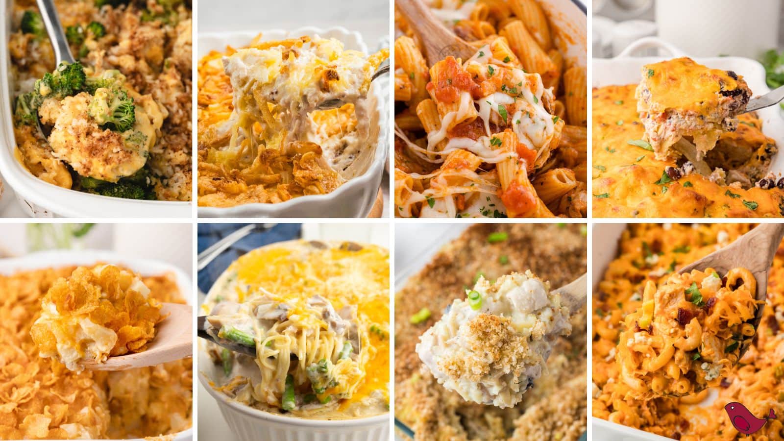 a collage of easy chicken casserole recipes for dinner including hashbrown casserole, enchilada casserole, chicken parmesan casserole, buffalo chicken casserole, chicken and rice casserole, and chicken pasta casserole