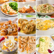 collage of leftover turkey recipes including enchiladas, casseroles, salads, and soups