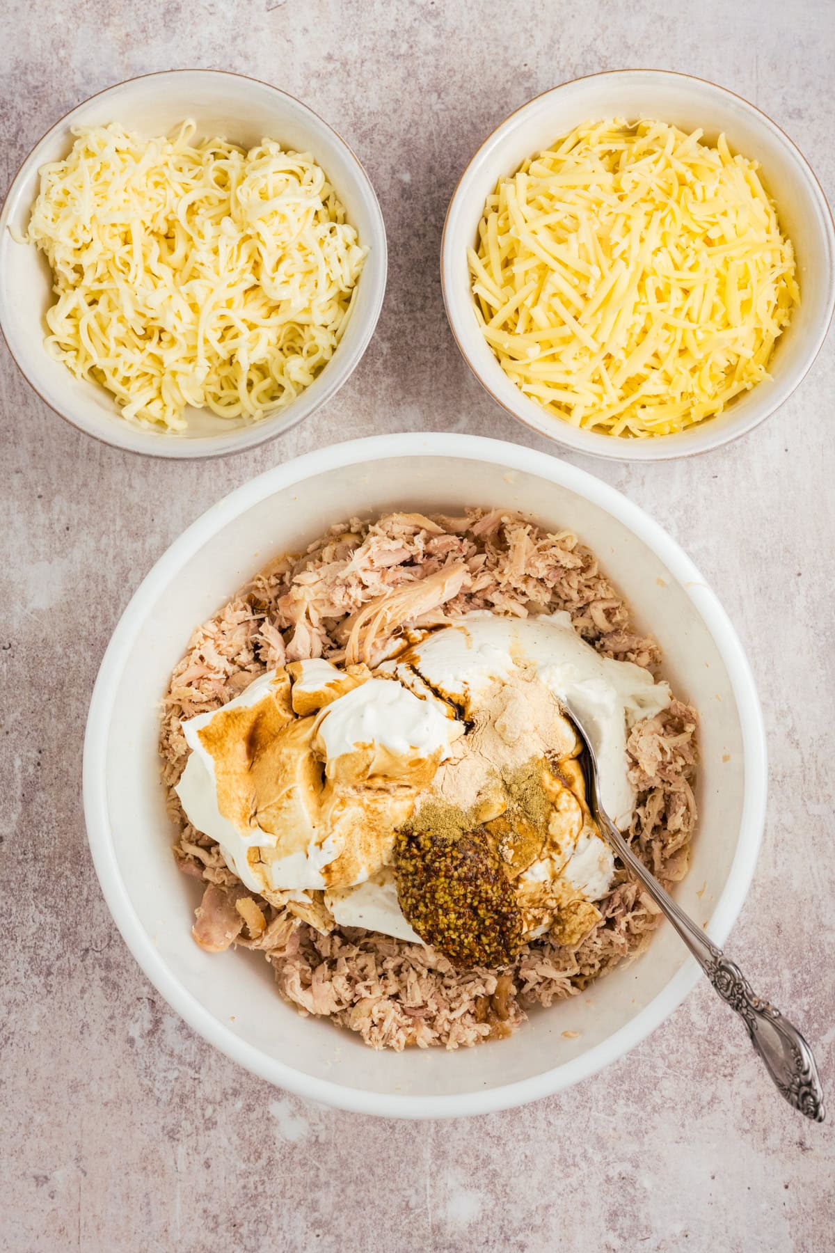 Spices mixed into the cooked chicken. Cheese is in the photo, ready to be added in the next step