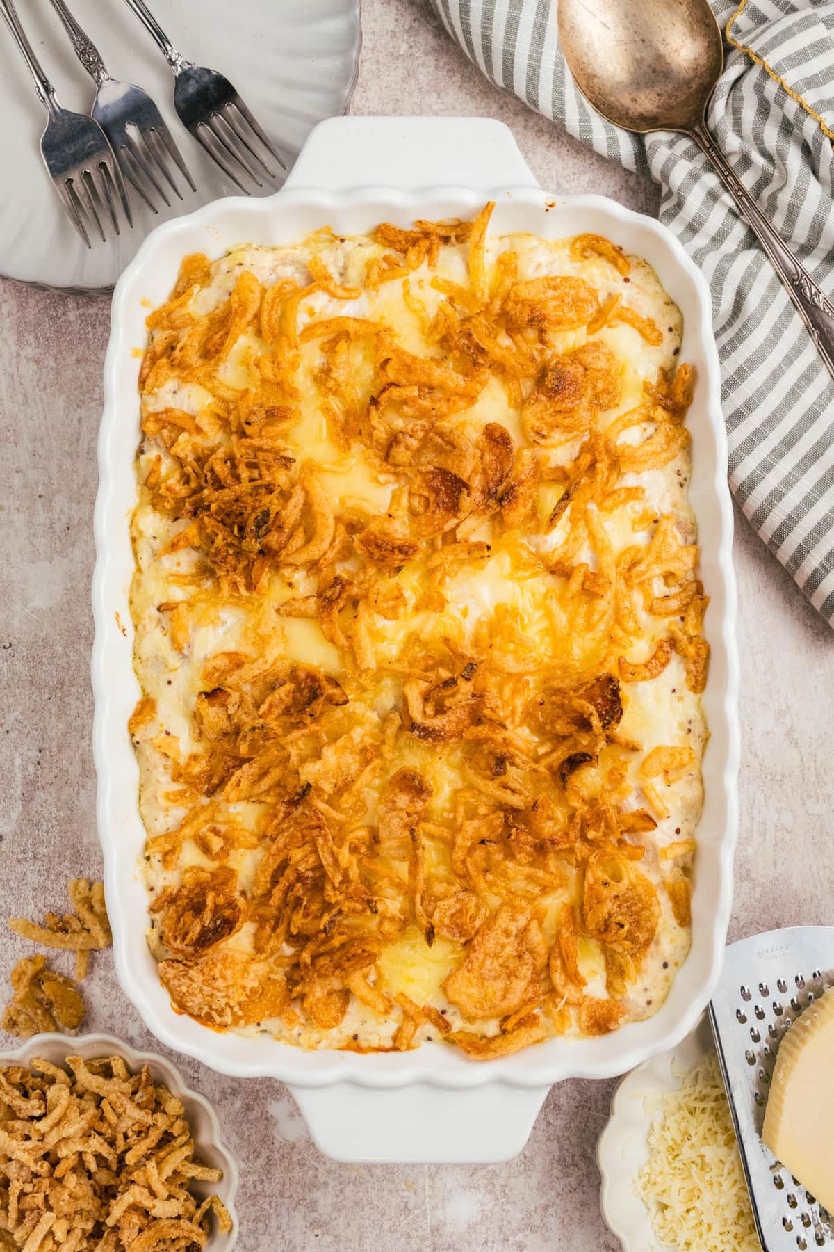 French Onion Chicken Casserole all baked and right out of the oven, ready to be enjoyed.