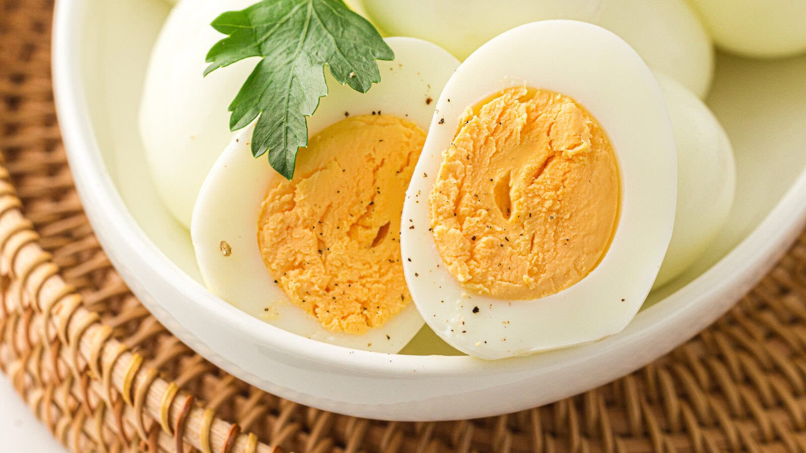 a close up of Instant Pot hard boiled eggs with easy peel shells