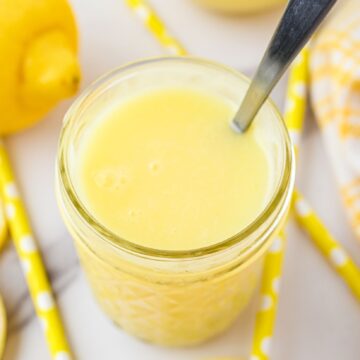 Lemon Syrup in a jar, close up to see the thickness of this syrup. Ready to store and be used in many ways