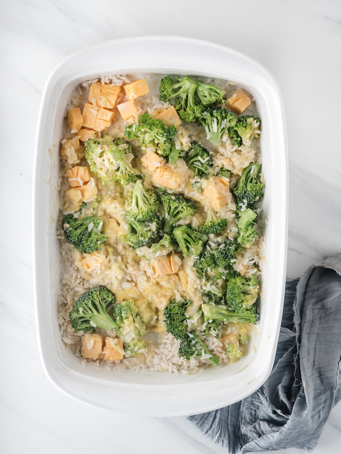 Broccoli cheese and rice casserole all prepared and ready to go into the oven.