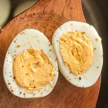 perfect hard boiled eggs cooked in the air fryer on a spatula