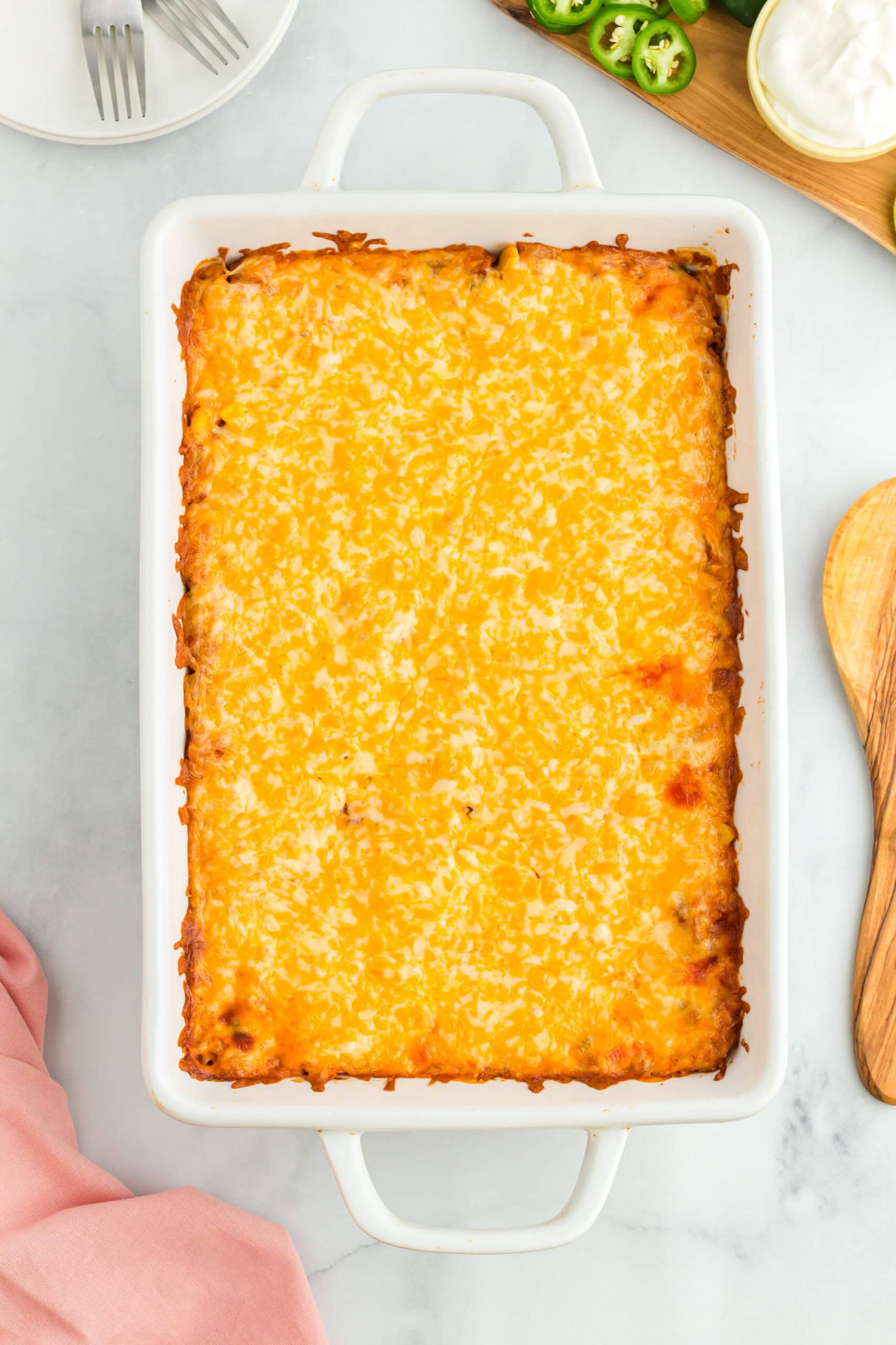 The Mexican Rice casserole is all baked and warm, right out of the oven.