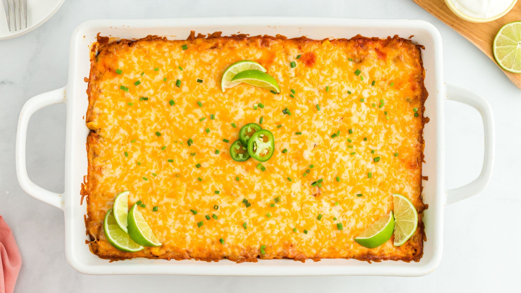 Mexican Chicken and Rice casserole all baked and ready to be enjoyed