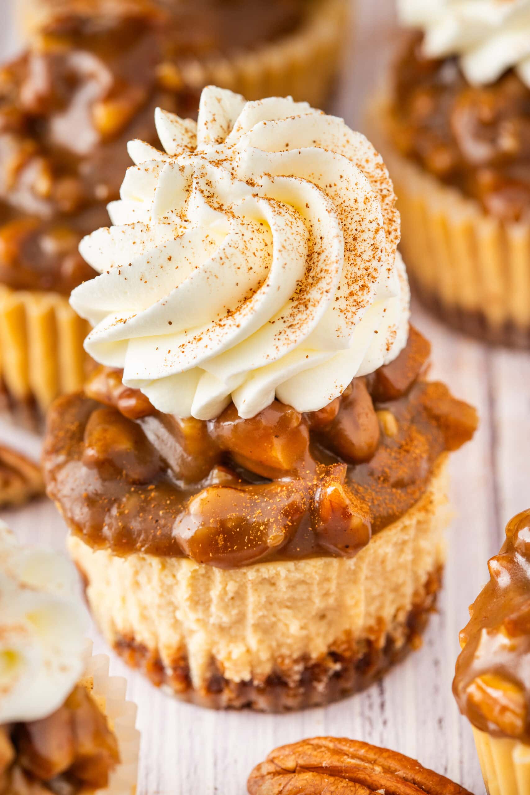 Baked and chilled mini pecan cheesecakes ready to be enjoyed