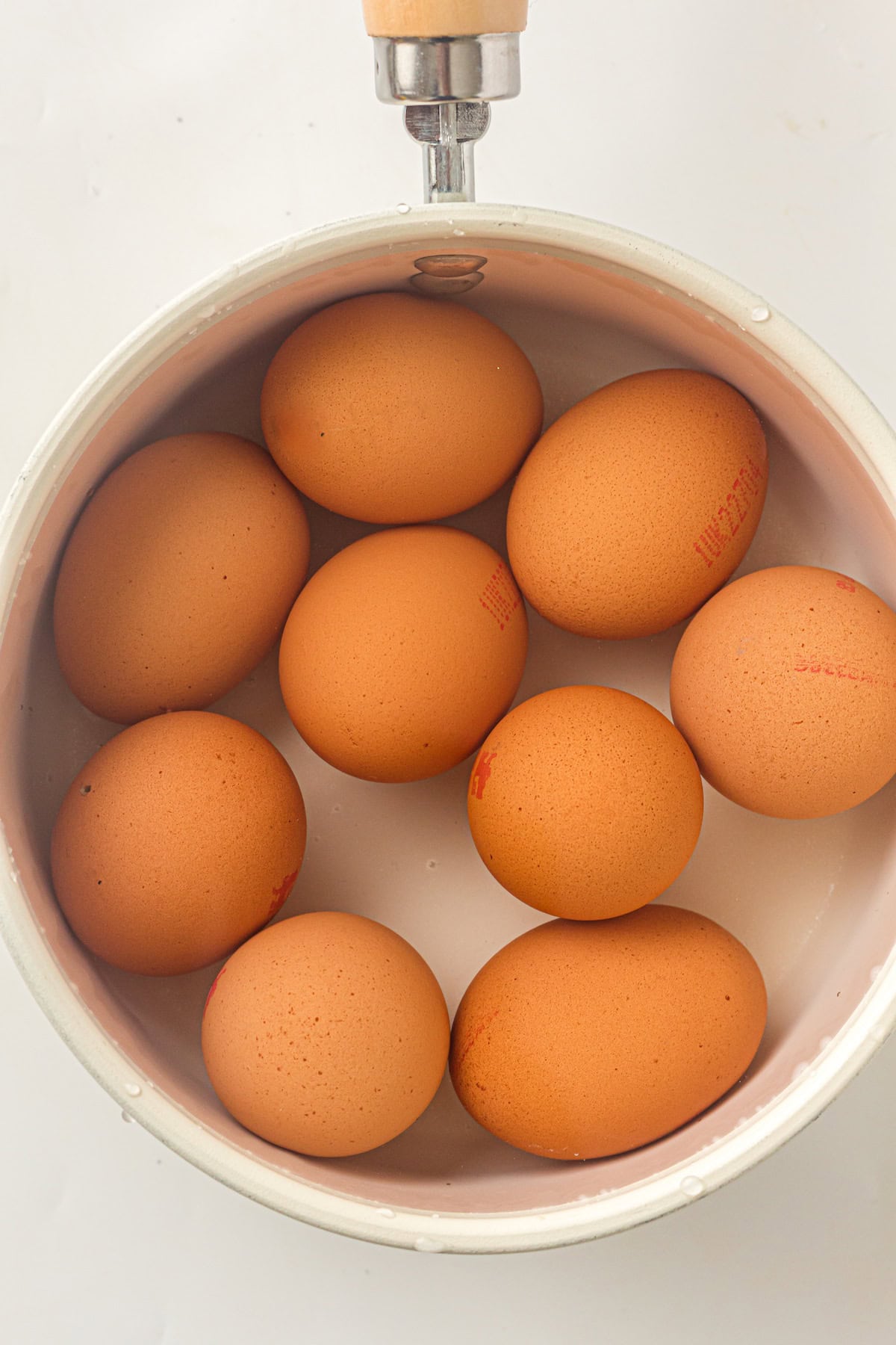 raw brown eggs in a sauce pan