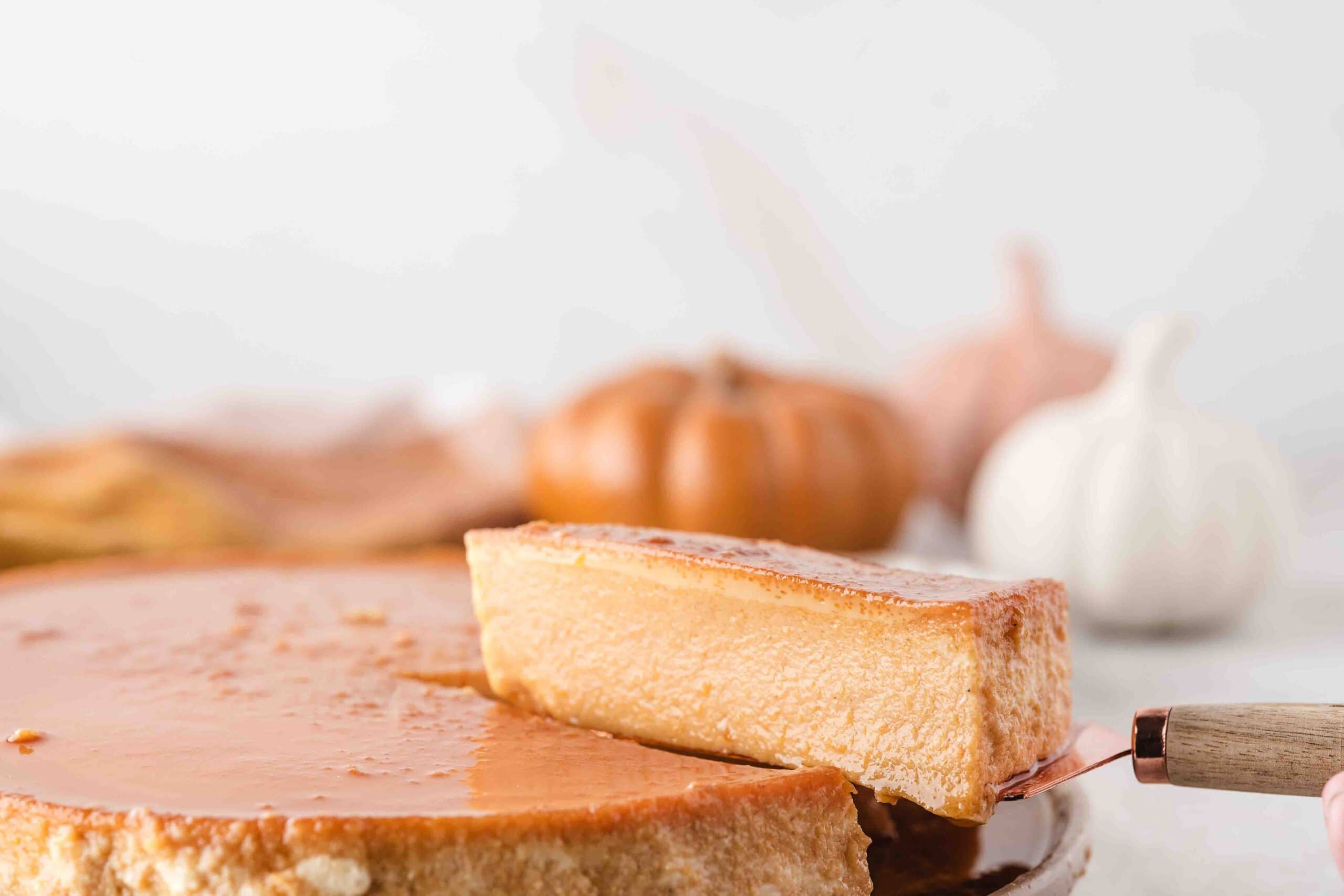 Pumpkin flan sliced and ready to be plated