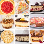 a collage of Christmas cheesecake ideas including no bake cherry cheesecake, Fruity Pebbles cheesecake, chocolate cherry cheesecake, mini pecan pie cheesecakes, chocolate orange cheesecake, peppermint swirl cheesecake, s'mores cheesecake, chocolate peppermint cheesecake, and mini peanut butter cup cheesecakes