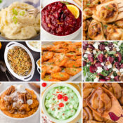 a colorful collage of Christmas dinner side dishes including make ahead crockpot mashed potatoes, homemade orange cranberry sauce, frozen pierogies, cheesy green bean casserole, roasted Parmesan carrots, roasted beet salad with feta, crockpot sweet potatoes with marshmallows, pistachio fluff salad, and fried apples