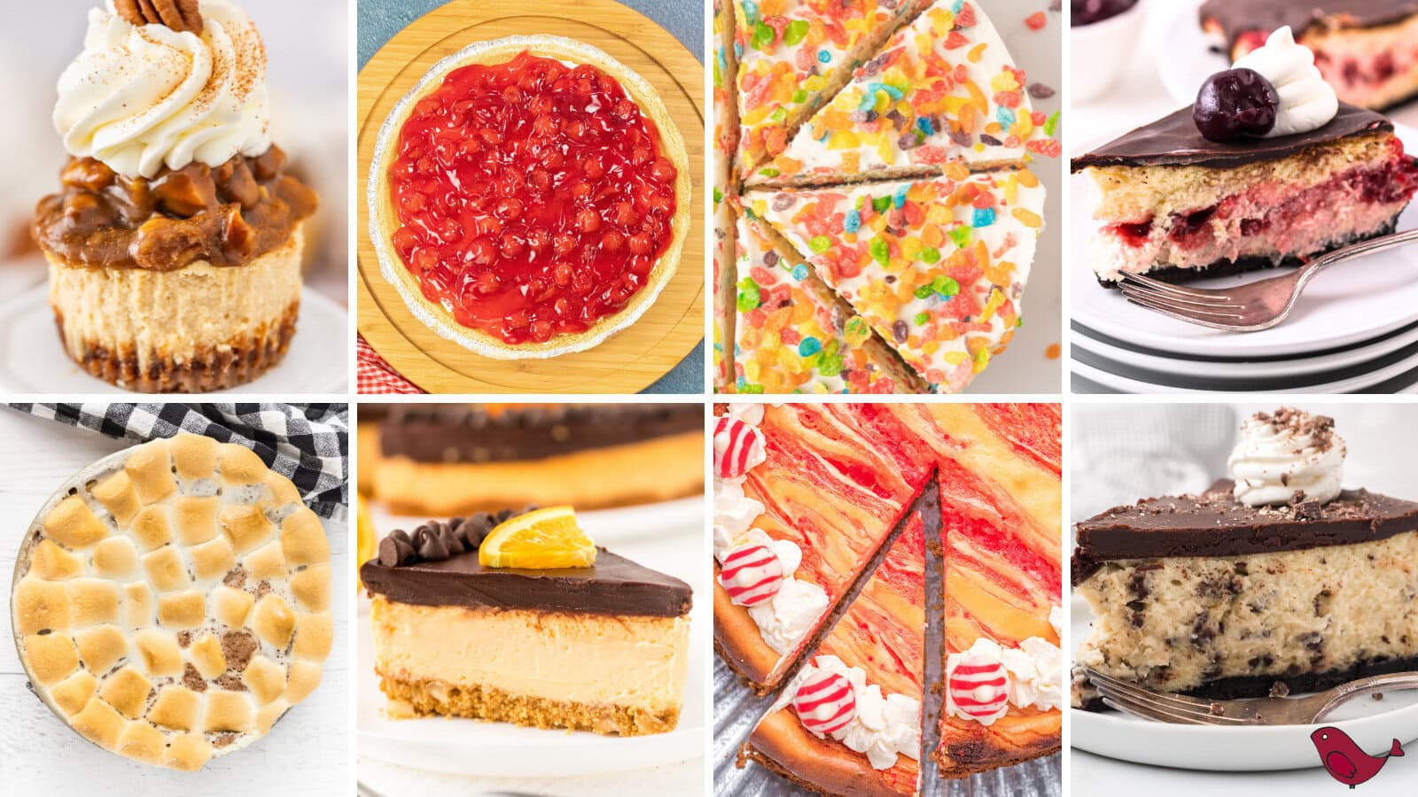 a collage of Christmas cheesecake recipes including mini pecan pie cheesecakes, no bake cherry cheesecake, Fruity Pebbles cheesecake, chocolate cherry cheesecake, s'mores cheesecake, chocolate orange cheesecake, peppermint swirl cheesecake, and chocolate peppermint cheesecake