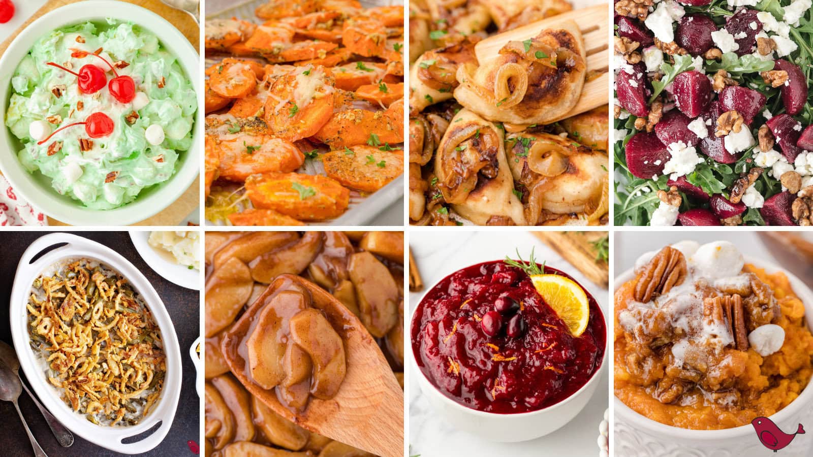 a collage of colorful Christmas dinner side dishes including pistachio fluff salad, roasted Parmesan carrots, frozen pierogies, roasted beet salad, green bean casserole, fried apples, homemade orange cranberry sauce, and crockpot sweet potatoes with marshmallows