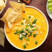 Buffalo chicken dip made in the instant pot with tortilla chips on the side to be enjoyed