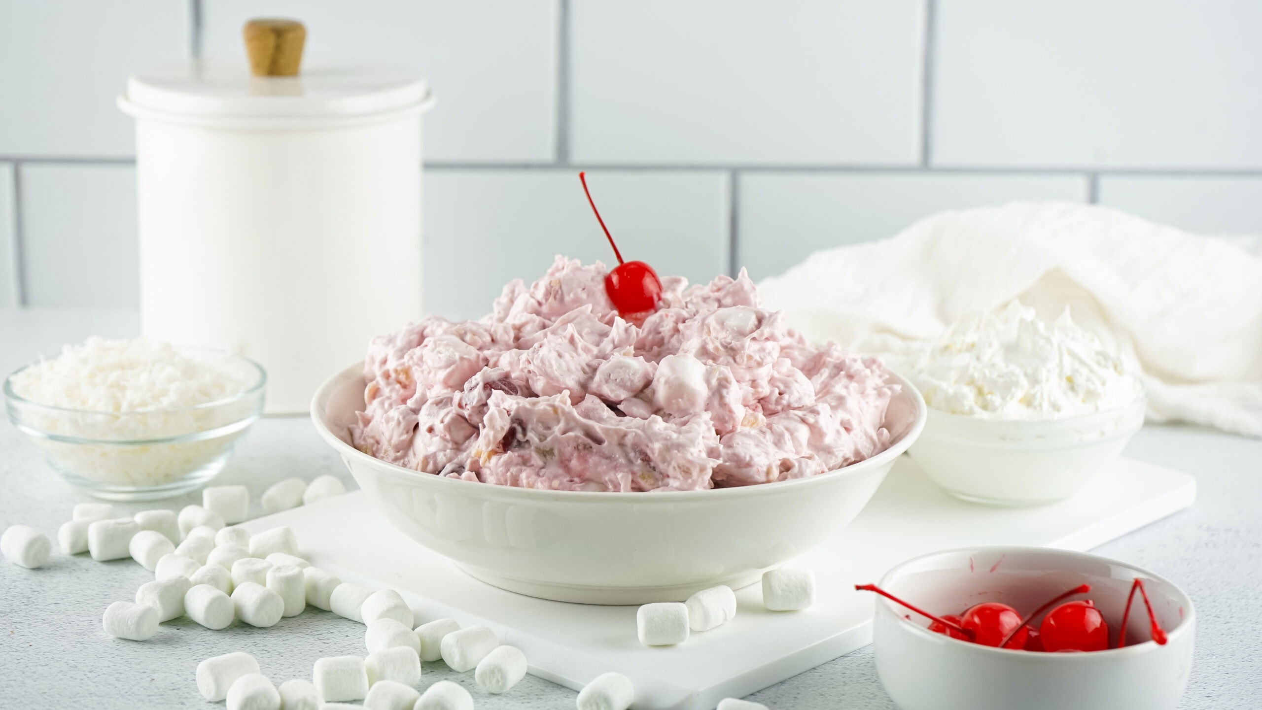 Cherry fluff served in a bowl ready to be enjoyed