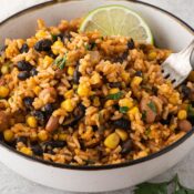 Mexican Rice and beans placed in a bowl ready to be enjoyed