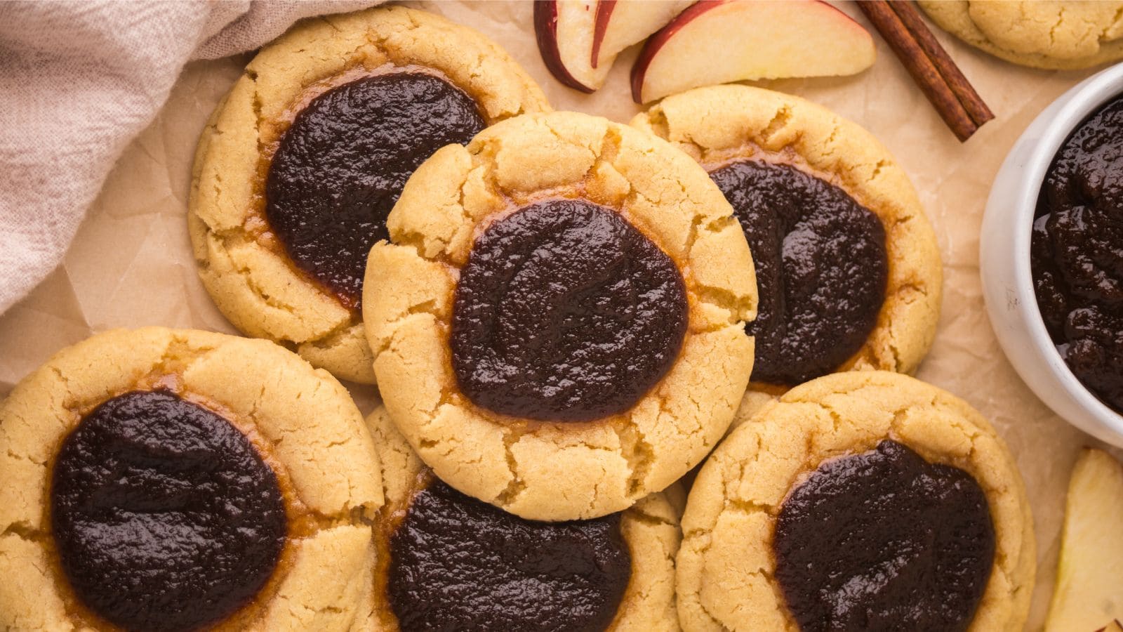 apple butter thumbprint cookies with sliced apples