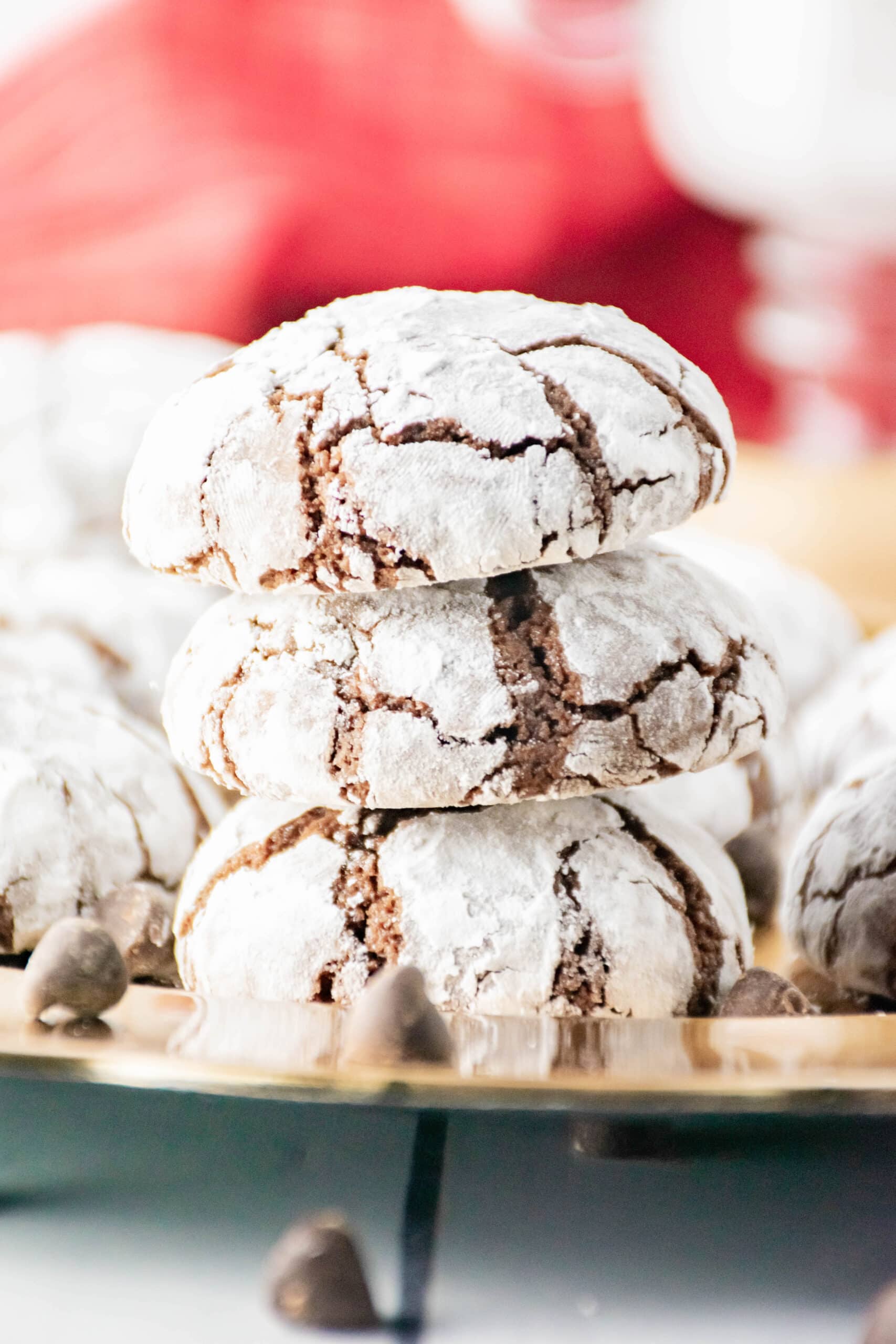 Stack of brownie cookie crinkle cookies, ready to be enjoyed.