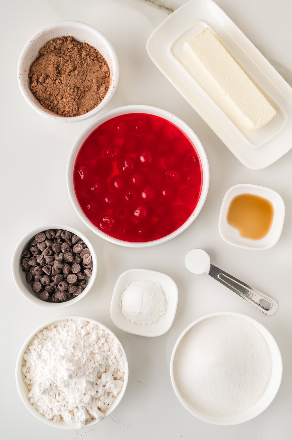 Chocolate Covered Cherry Cookies ingredients including semi-sweet chocolate chips and maraschino cherries