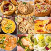 a colorful collage of Christmas appetizers and finger foods including cranberry brie puff pastry bites, buffalo cheese ball, Italian hoagie dip, Instant Pot buffalo chicken dip, artichoke and sun-dried tomato bruschetta, hot pepperoni pizza dip, oven baked buffalo chicken dip, shrimp avocado cucumber bites, and Christmas tree deviled eggs