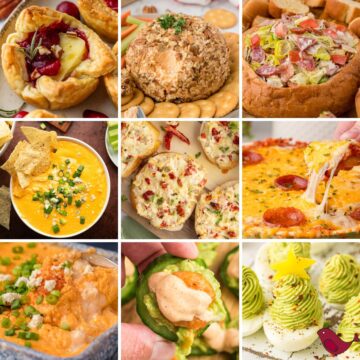 a colorful collage of Christmas appetizers and finger foods including cranberry brie puff pastry bites, buffalo cheese ball, Italian hoagie dip, Instant Pot buffalo chicken dip, artichoke and sun-dried tomato bruschetta, hot pepperoni pizza dip, oven baked buffalo chicken dip, shrimp avocado cucumber bites, and Christmas tree deviled eggs