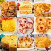 colorful collage of Christmas brunch menu ideas including bananas foster pancakes, ham and cheese omelette roll, chicken hashbrown casserole, green chili egg casserole, cranberry crumble bars, pineapple upside down pancakes, cheese and onion pie, overnight French toast casserole, and baked pineapple casserole