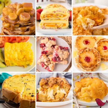 colorful collage of Christmas brunch menu ideas including bananas foster pancakes, ham and cheese omelette roll, chicken hashbrown casserole, green chili egg casserole, cranberry crumble bars, pineapple upside down pancakes, cheese and onion pie, overnight French toast casserole, and baked pineapple casserole