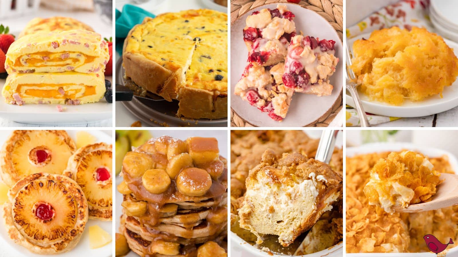 a colorful collage of Christmas brunch menu ideas including a ham and cheese omelette roll, a cheese and onion pie, cranberry crumble bars, baked pineapple casserole, pineapple upside down pancakes, bananas foster pancakes, overnight French toast casserole, and chicken hashbrown casserole