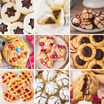 a colorful collage of easy Christmas cookies including Nutella Linzer cookies, secret Hershey Kiss cookies, chocolate drizzled coconut macaroons, monster cookies, cranberry crumble bars, apple butter thumbprint cookies, cherry pie cookies, brownie mix crinkle cookies, and inside out peanut butter cup cookies