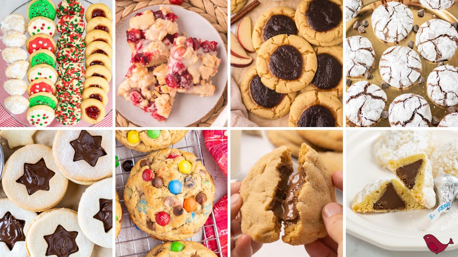 a colorful collage of easy Christmas cookies including Christmas sugar cookies, cranberry crumble bars, apple butter thumbprint cookies, brownie mix crinkle cookies, Nutella Linzer cookies, monster cookies, inside out peanut butter cup cookies and secret Hershey Kiss cookies