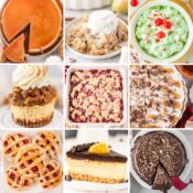 a colorful collage of Christmas desserts recipes incuding pumpkin flan, pear crisp, pistachio fluff salad, mini pecan pie cheesecakes, cranberry crumble bars, no bake pumpkin pie, cherry pie cookies, chocolate orange cheesecake, and chocolate turtle cake