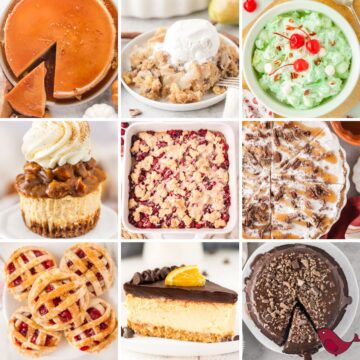 a colorful collage of Christmas desserts recipes incuding pumpkin flan, pear crisp, pistachio fluff salad, mini pecan pie cheesecakes, cranberry crumble bars, no bake pumpkin pie, cherry pie cookies, chocolate orange cheesecake, and chocolate turtle cake