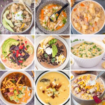 a colorful collage of Christmas soup recipes including green chili chicken soup, hot and sour soup, cheeseburger soup, creamy chicken enchilada soup, black bean soup, zuppa toscana, bacon chili, cheesy vegetable soup, and white chicken chili