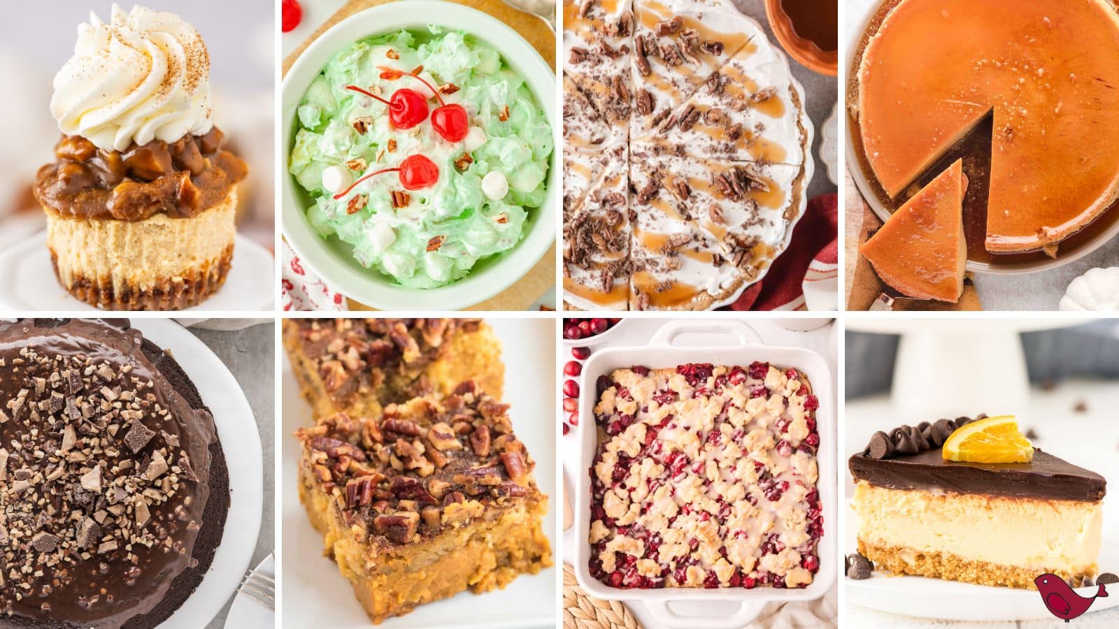 a colorful collage of Christmas desserts recipes including mini pecan pie cheesecakes, pistachio fluff salad, no bake pumpkin pie, pumpkin flan, chocolate turtle cake, pumpkin dump cake, cranberry crumble bars, and chocolate orange cheesecake
