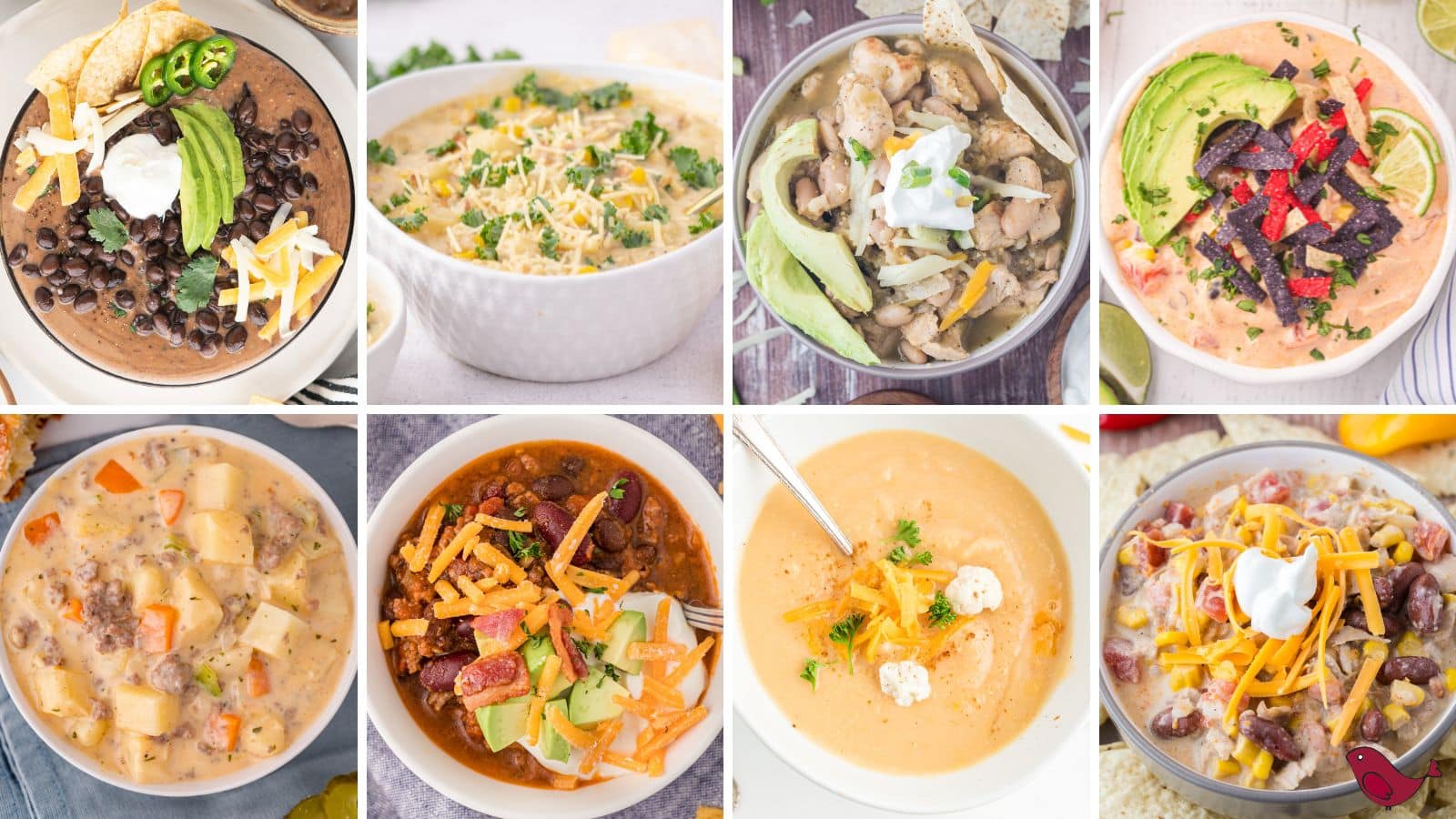a collage of Christmas soup recipes including meatless black bean soup, creamy Italian sausage and potato soup, green chili chicken soup, creamy chicken enchilada soup, cheeseburger soup, bacon chili, cheesy cauliflower soup, and white chicken chili