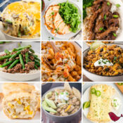 a collage of quick dinner ideas including chicken tetrazzini, baked buffalo chicken tacos, Mongolian beef, been and green beans, one pot chicken parmesan pasta, Mexican beans and rice, chicken corn mini pot pies, green chili chicken soup, and white chicken enchiladas