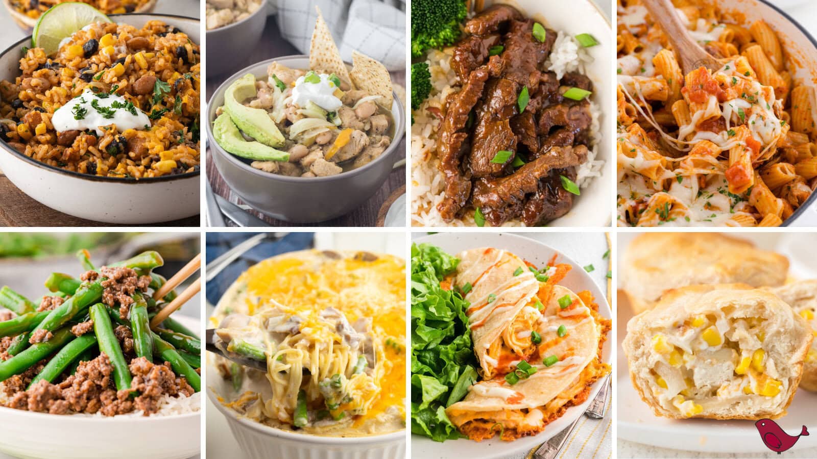 a collage of quick dinner ideas including Mexican beans and rice, green chili chicken soup, Mongolian beef, one pot chicken parmesan pasta, beef and green beans, chicken tetrazzini, baked buffalo chicken tacos, and chicken corn mini pot pies