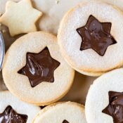 Nutella Linzer cookies dusted with powdered sugar
