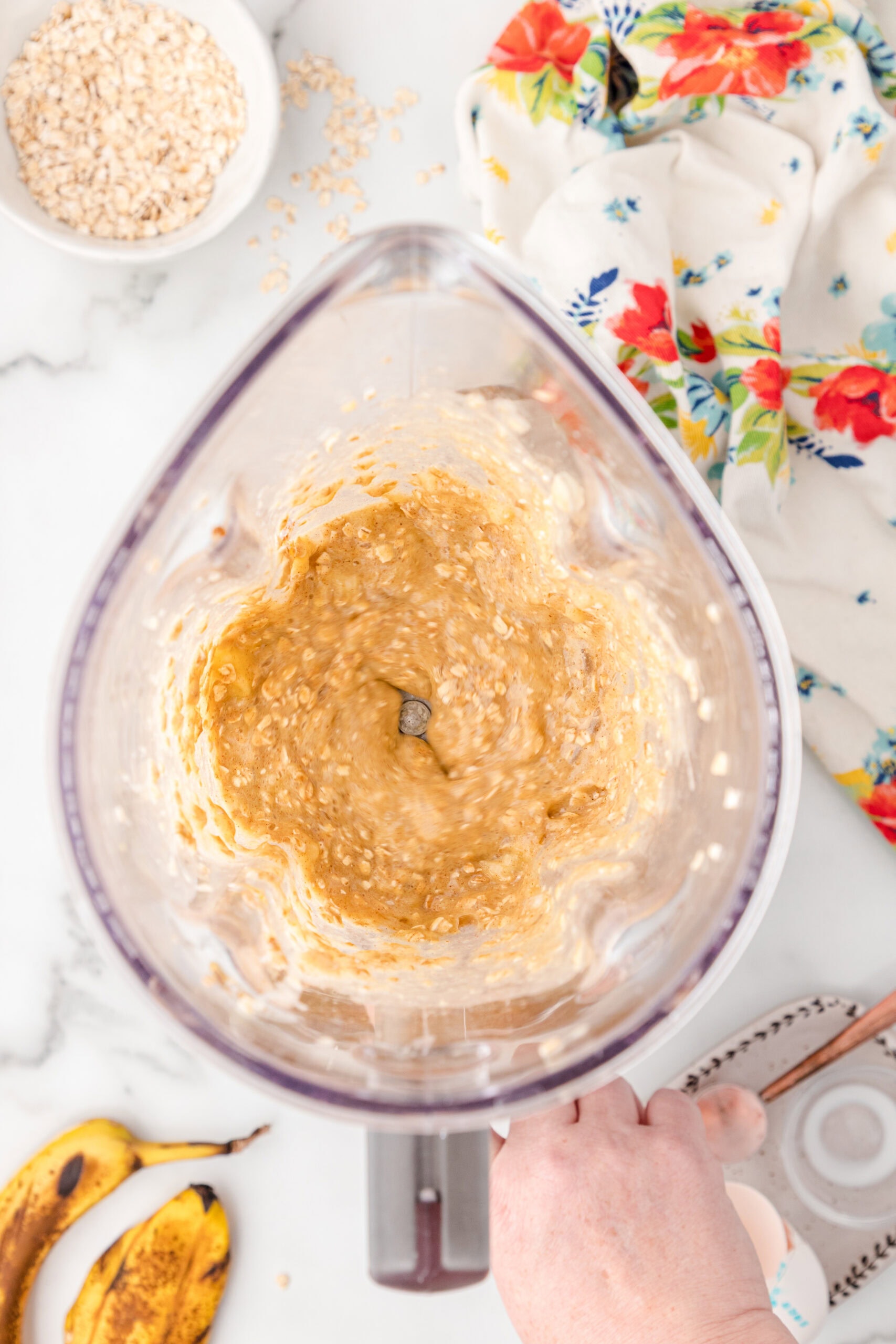 Banana protein pancake batter being mixed up in blender