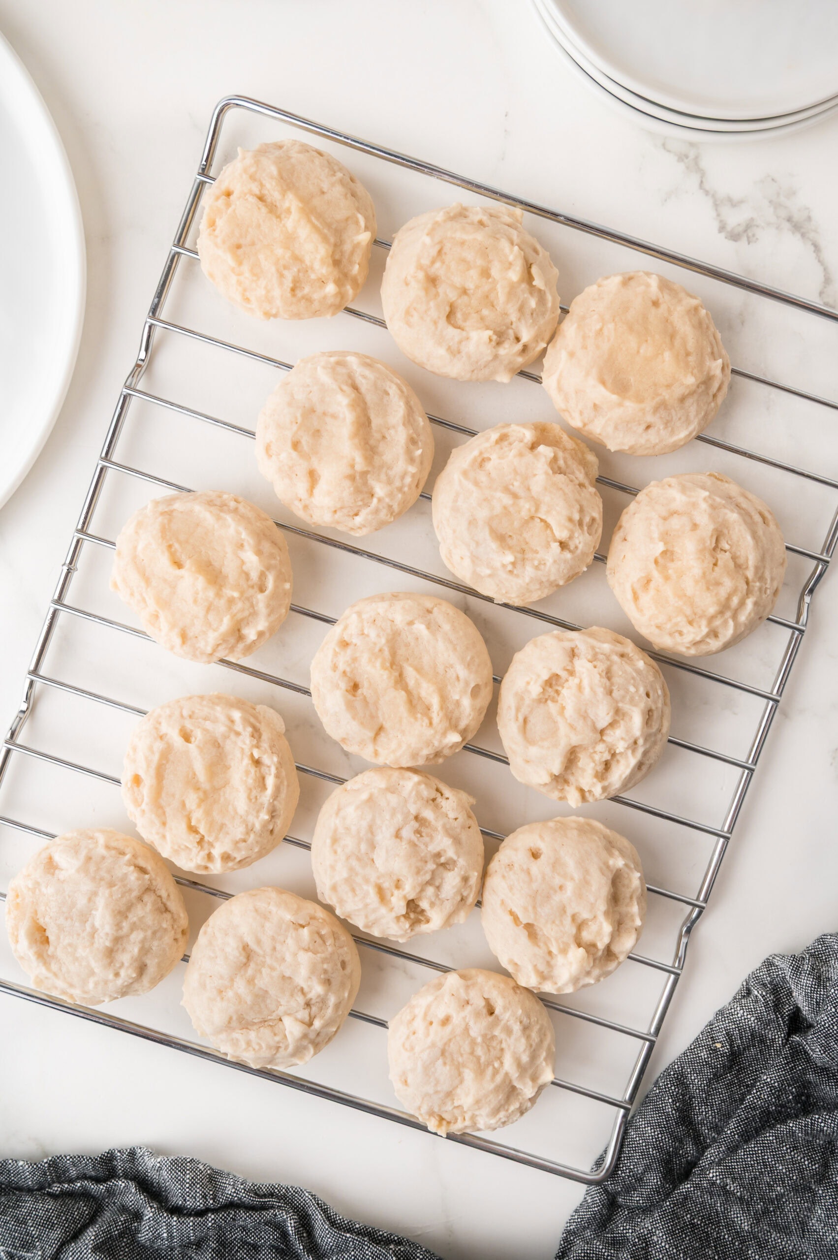 Baked shortbread cookies on a wire rack, cooling