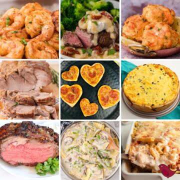 a collage of Valentine's Day dinner ideas including buttered lemon shrimp, filet bryan with lemon garlic butter sauce, no filler crab cakes, balsamic pork roast, heart-shaped pizzas, cheese and onion pie, prime rib, ravioli alfredo with asparagus, and baked ziti