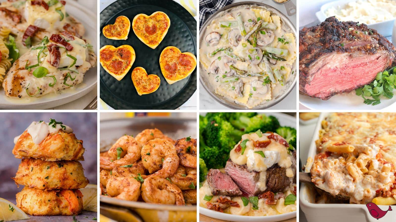a collage of Valentine's Day dinner ideas including chicken bryan with goat cheese and sun-dried tomatoes, buttered lemon shrimp, filet bryan with lemon garlic butter sauce, no filler crab cakes, heart-shaped pizzas, prime rib, ravioli alfredo with asparagus, and baked ziti