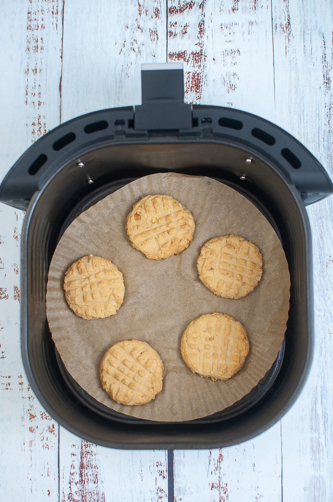 Air fryer peanut butter cookies baked until golden brown